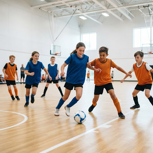 Niños jugando fútbol sala en un gimnasio moderno