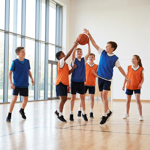 Diverse children playing basketball in a modern gym