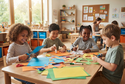 Niños realizando manualidades con diversos materiales