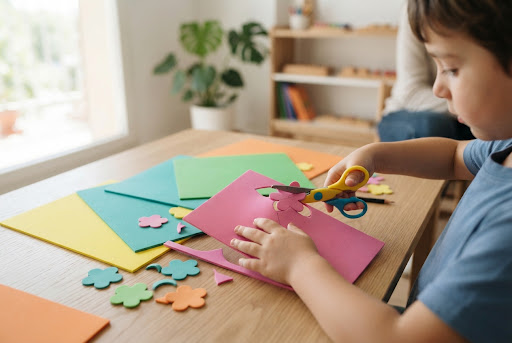 Manos de un niño trabajando con goma eva de colores, recortando formas de flores en un entorno educativo moderno