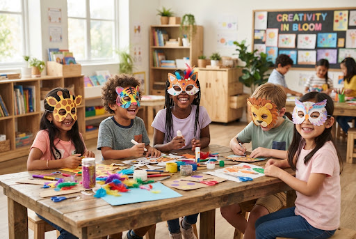 Niños pintando y decorando máscaras y caretas