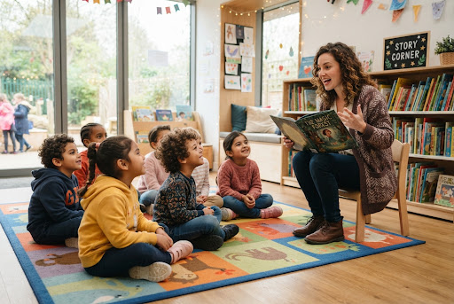 Manos de un niño trabajando con goma eva de colores, recortando formas de flores en un entorno educativo moderno