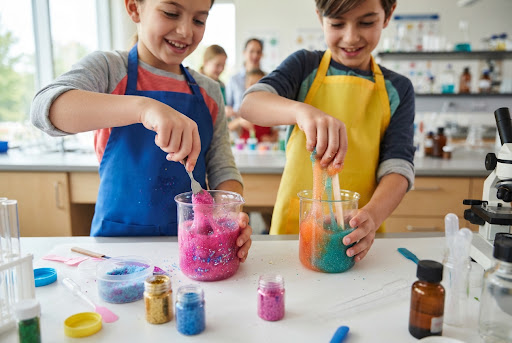 Experimentos creando slime y botes de sal de colores