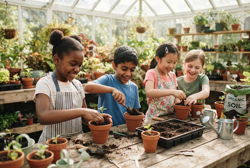 Niños plantando semillas en macetas pequeñas